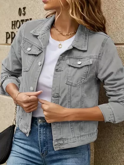 Klasik Şehirli Tarzda Günlük Kullanım İçin Gri Kadın Jean Ceket