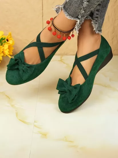 Kaymaz Taban Kurdelalı Yeşil Kadın Bez Babet Ayakkabı